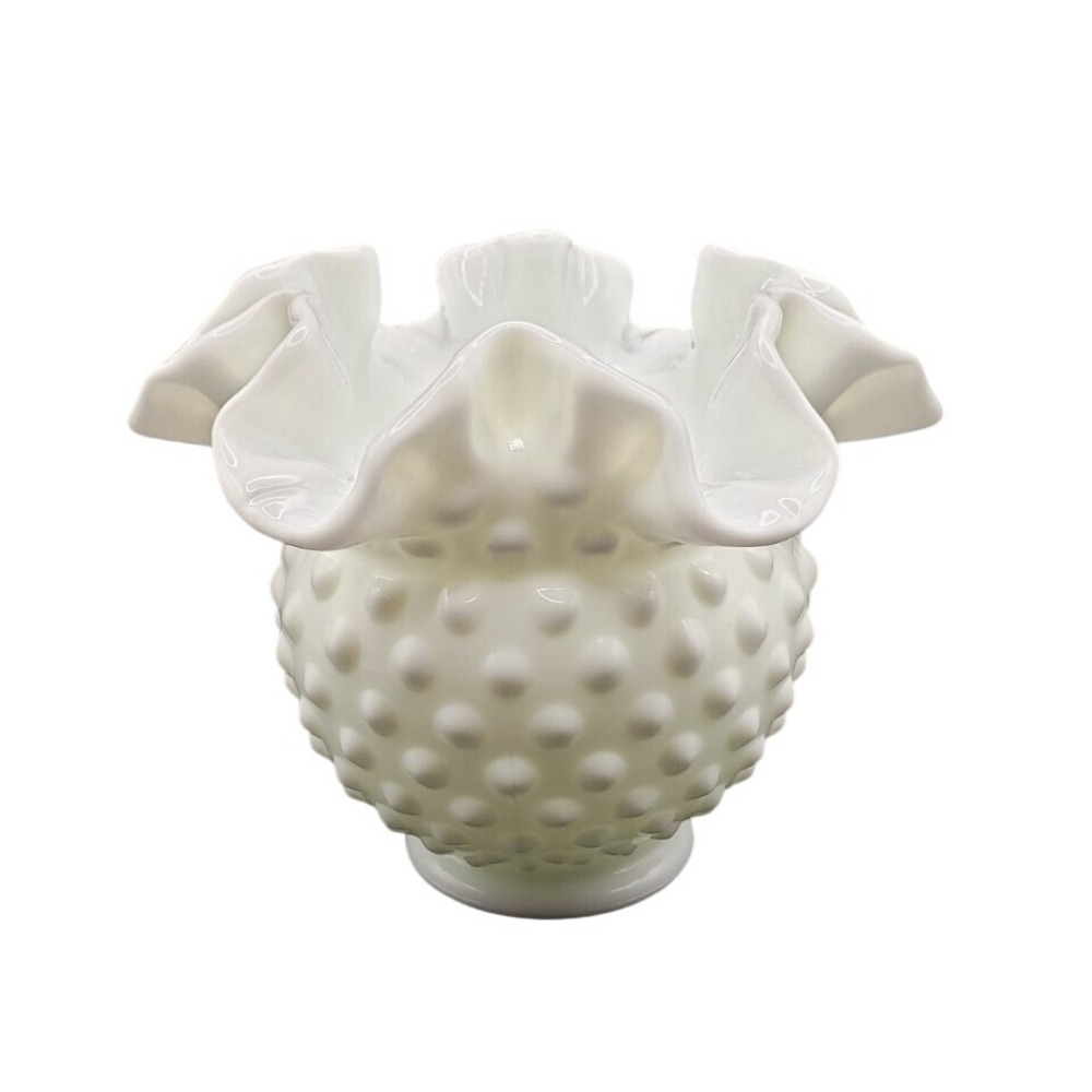 Fenton Hobnail Milk Glass Ruffled Vase‎ Candy Dish Trinket Bowl